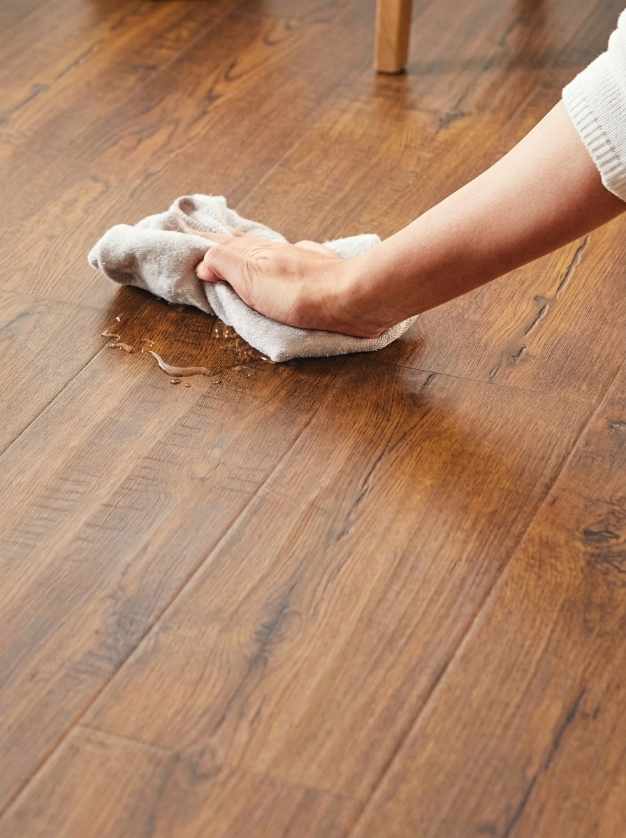 Nước đọng trên bề mặt sàn gỗ kỹ thuật