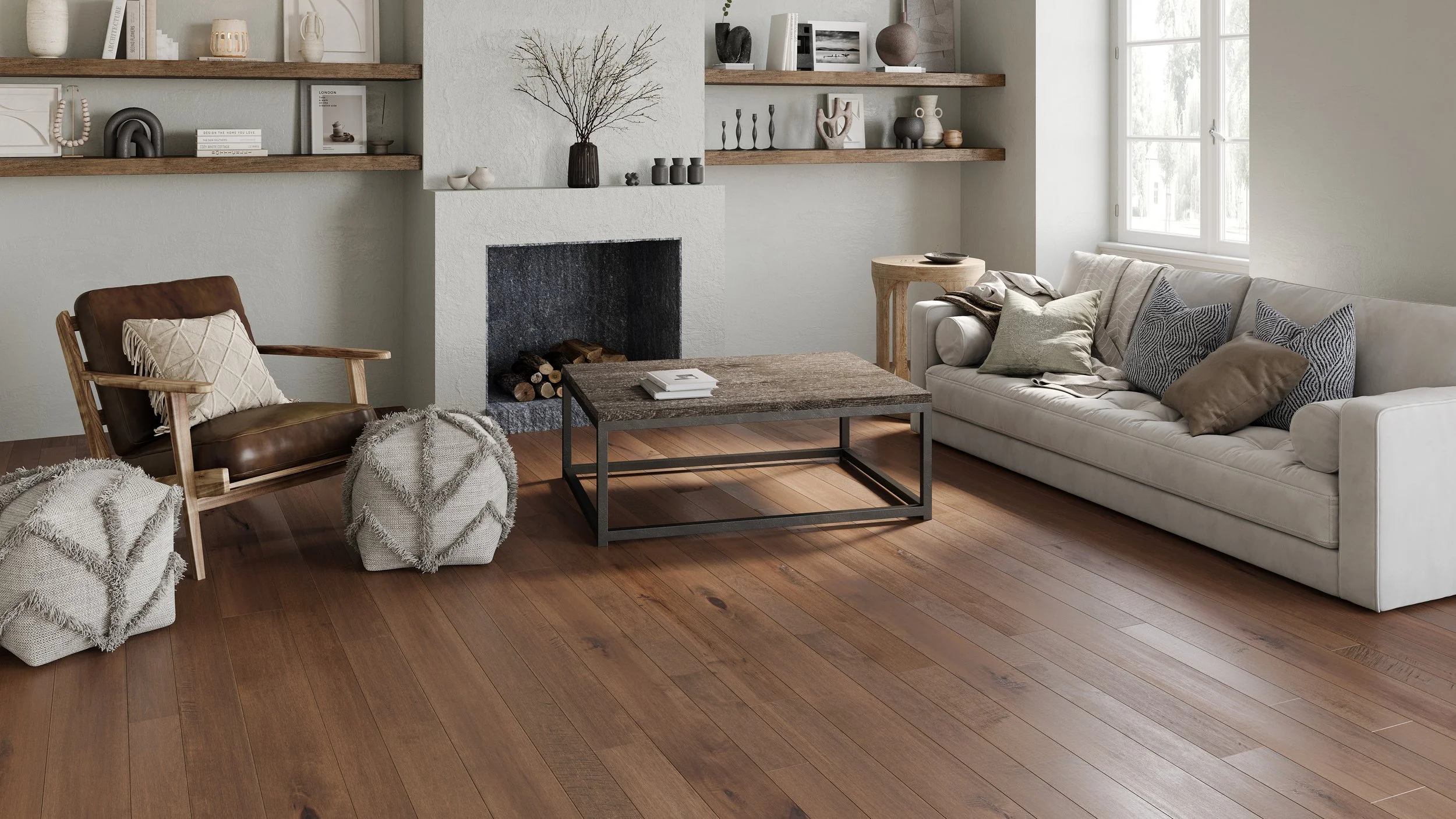 phòng khách Bắc Âu hiện đại dùng sàn gỗ công nghiệp CASA Parquet bản lớn