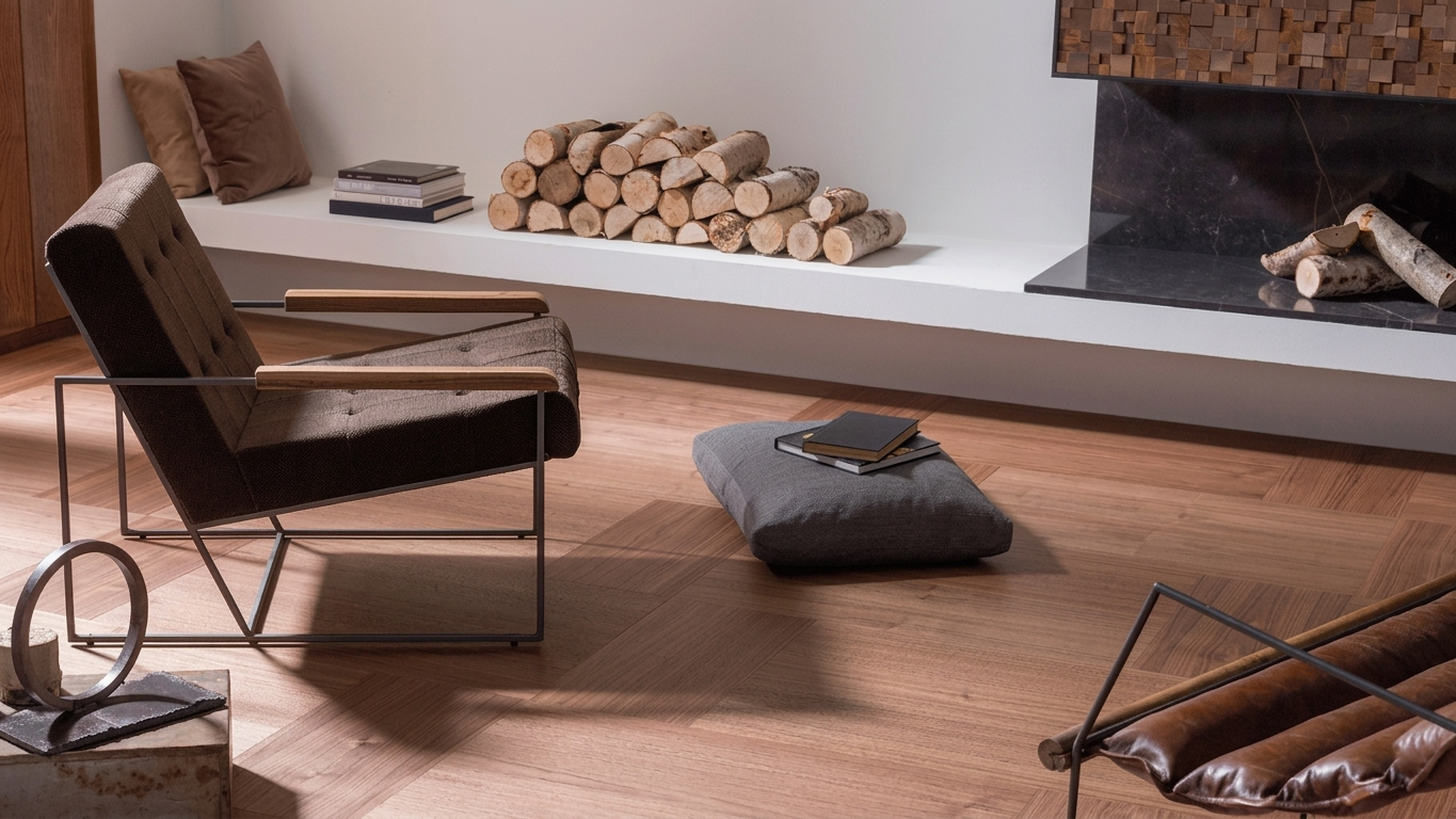 Sàn gỗ công nghiệp CASA Parquet lát kiểu ô vuông nghệ thuật, tạo không gian ấm cúng bên lò sưởi