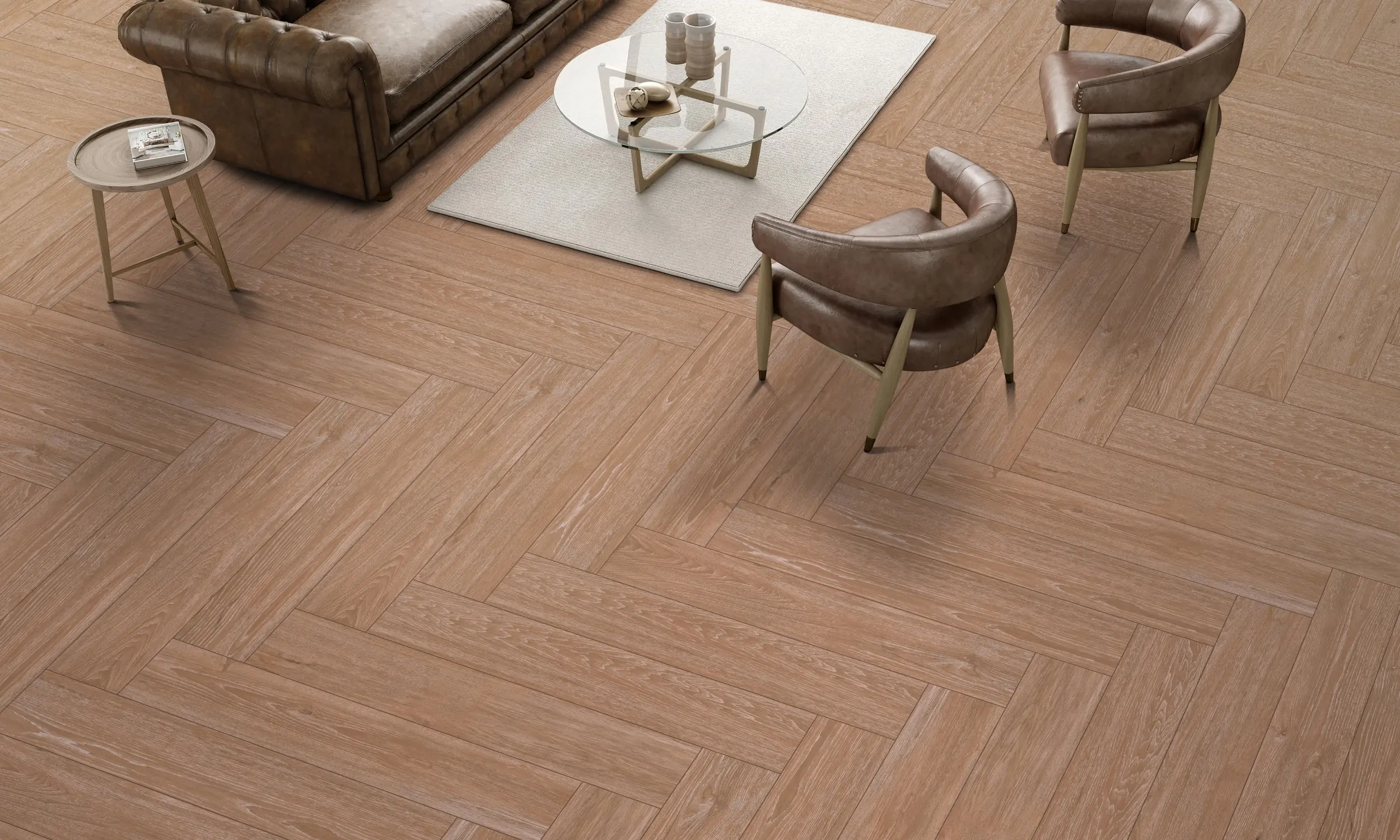 Phối cảnh phòng khách sang trọng với sàn gỗ công nghiệp xương cá CASA Parquet màu sồi tự nhiên, chống trầy xước.